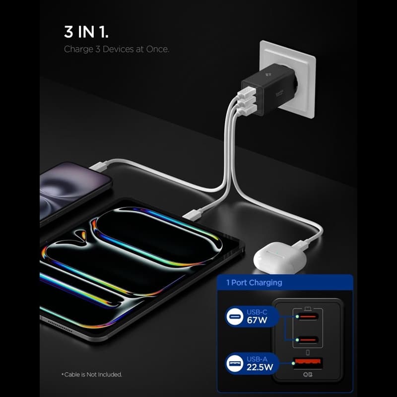 Spigen Essential EE673EU GaN Pro - Wall Charger 2x USB-C + USB-A 67W (Black) 3