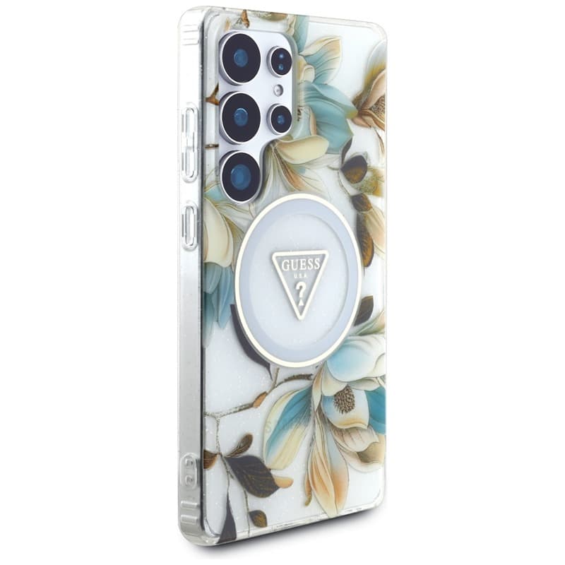 Guess Glitter Flowers Triangle Buttons MagSafe - Case for Samsung Galaxy S25 Ultra (white) 4