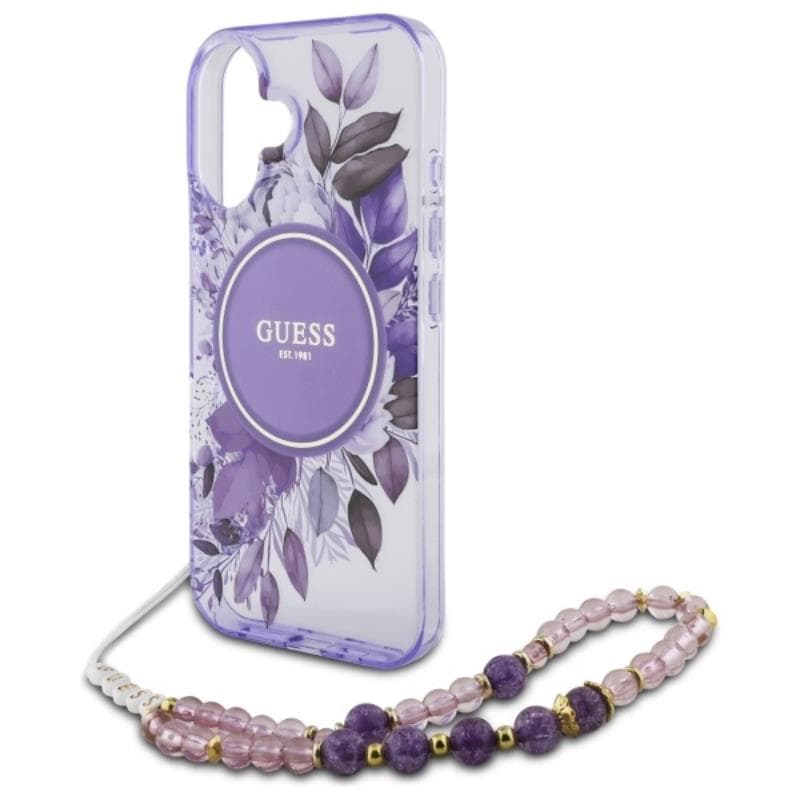 Guess IML Flowers With Pearl Strap MagSafe - Case for iPhone 16 Plus (Purple) 5