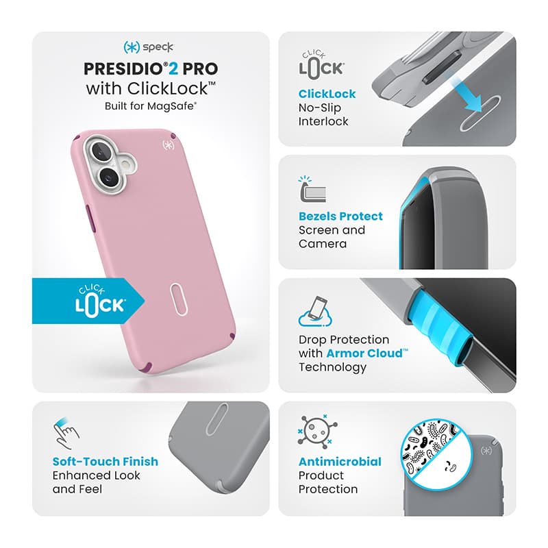 Speck Presidio2 Pro ClickLock & MagSafe - iPhone 16 Plus Case (Wednesday Pink / Boysenberry Purple / White) 3