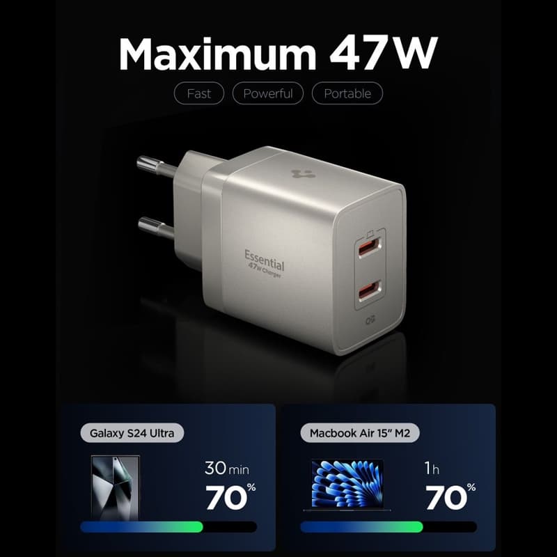 Spigen Essential EE472EU GaN - 2x USB-C PD PPS 47W Wall Charger (Natural Titanium) 2