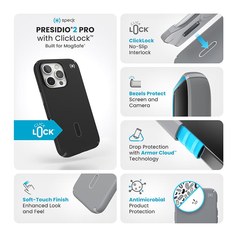 Speck Presidio2 Pro ClickLock & MagSafe - iPhone 16 Pro Case (Black / Slate Gray / White) 3