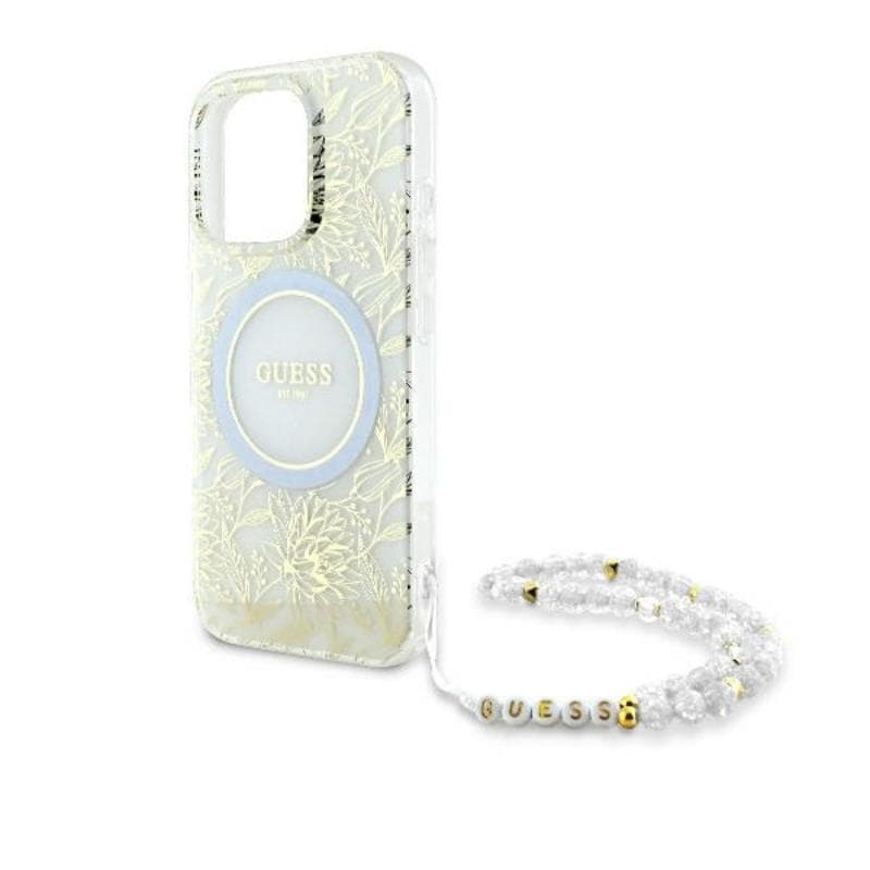 Guess IML Flowers Allover Electro With Pearl Strap MagSafe - Case for iPhone 16 Pro Max (White) 5
