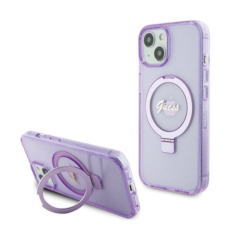 Guess Ring Stand Script Glitter MagSafe - iPhone 15 Plus Case (Purple) 1