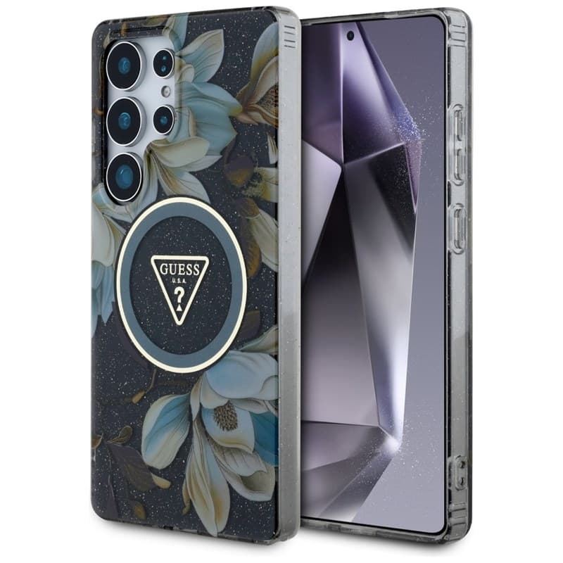 Guess Glitter Flowers Triangle Buttons MagSafe - Case for Samsung Galaxy S25 Ultra (black)
