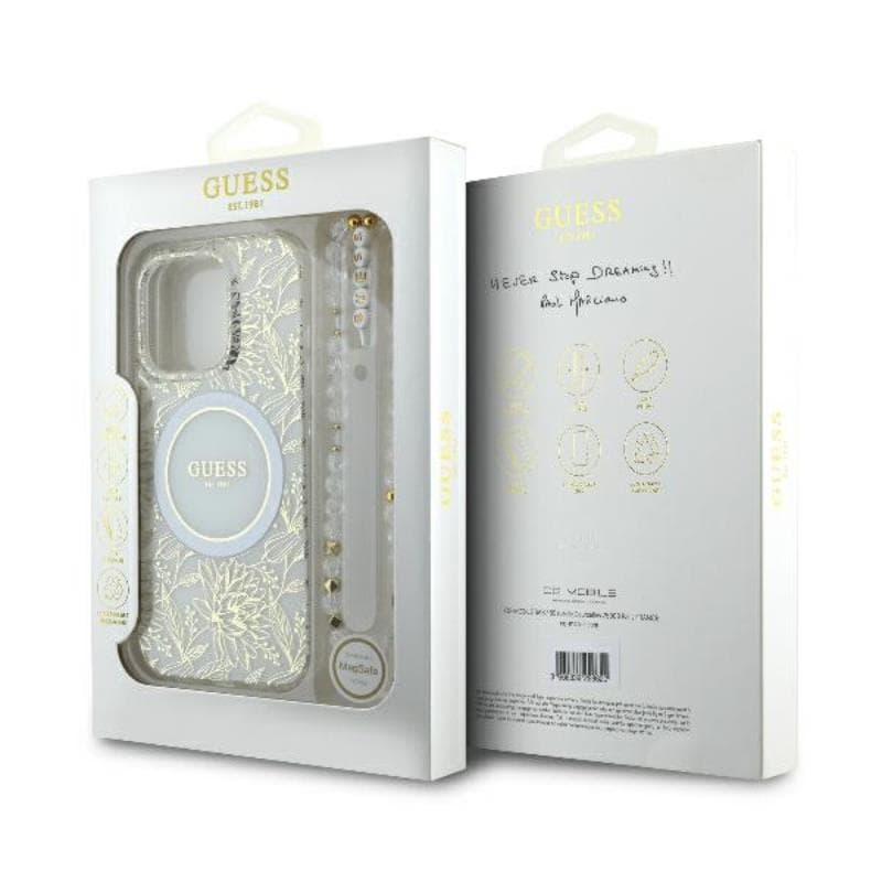 Guess IML Flowers Allover Electro With Pearl Strap MagSafe - Case for iPhone 16 Pro Max (White) 7