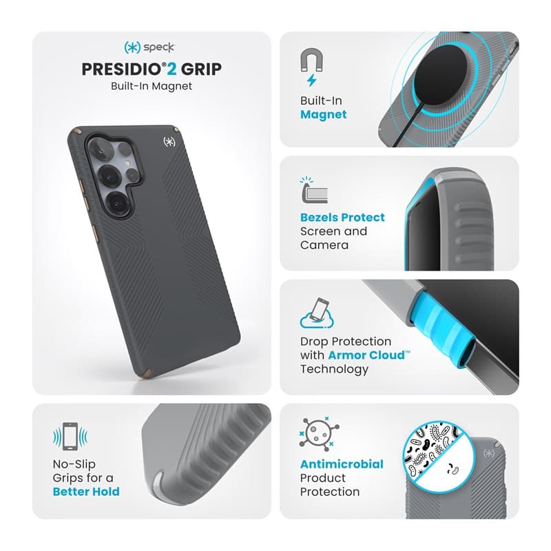 Speck Presidio2 Grip Magnet - Samsung Galaxy S25 Ultra MagSafe Case (Charcoal Grey/Cool Bronze/White) 7