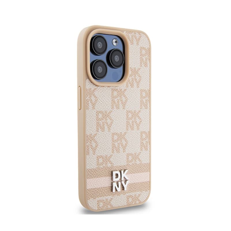 DKNY Leather Checkered Mono Pattern & Printed Stripes - iPhone 15 Pro Case (pink) 4