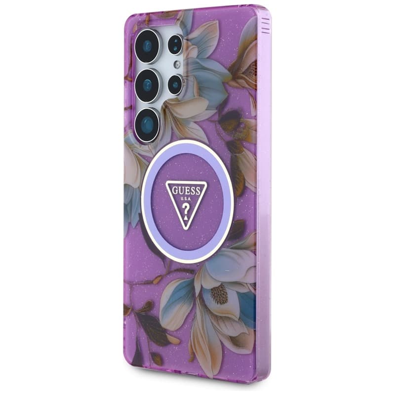 Guess Glitter Flowers Triangle Buttons MagSafe - Case for Samsung Galaxy S25 Ultra (purple) 2