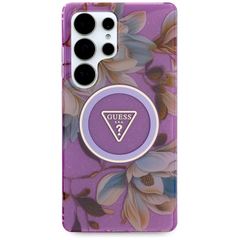 Guess Glitter Flowers Triangle Buttons MagSafe - Case for Samsung Galaxy S25 Ultra (purple) 3
