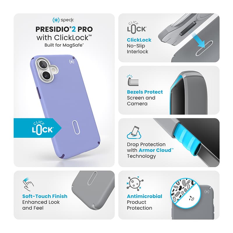 Speck Presidio2 Pro ClickLock & MagSafe - iPhone 16 Plus Case (Future Lavender / Cassis Purple / White) 3