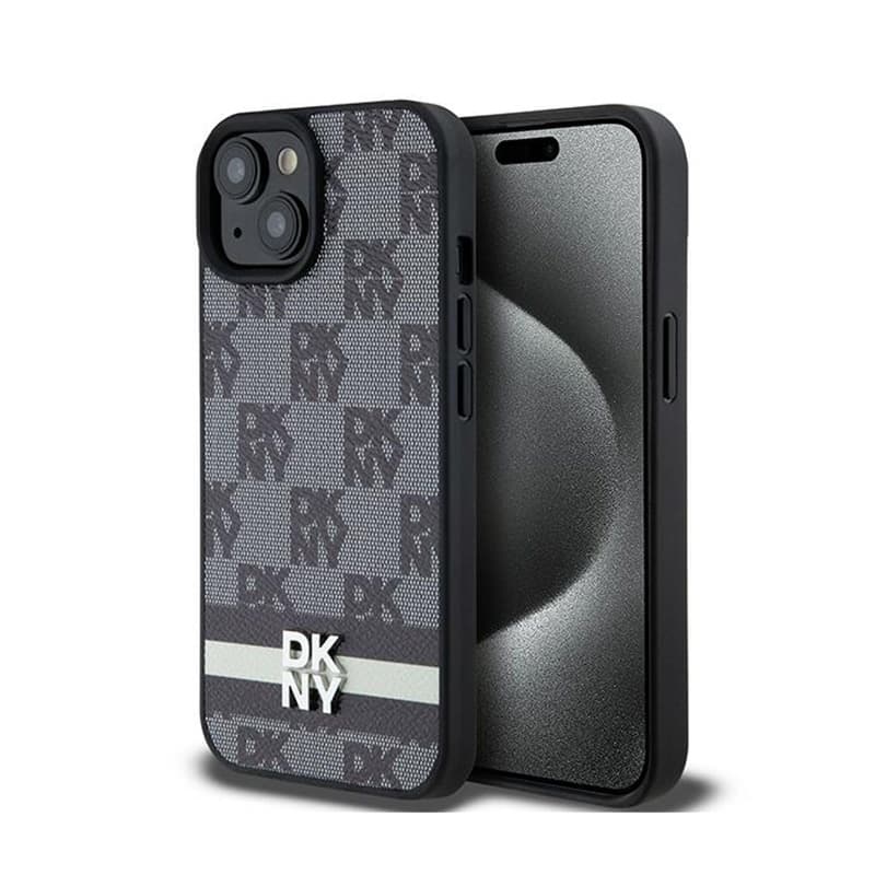 DKNY Leather Checkered Mono Pattern & Printed Stripes - Case for iPhone 15 / 14 / 13 (black)