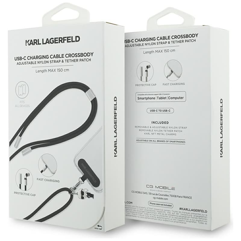Karl Lagerfeld Crossbody Strap Ikonik Charm - Universal Phone Strap / USB-C to USB-C Cable 1.5m (Black) 4