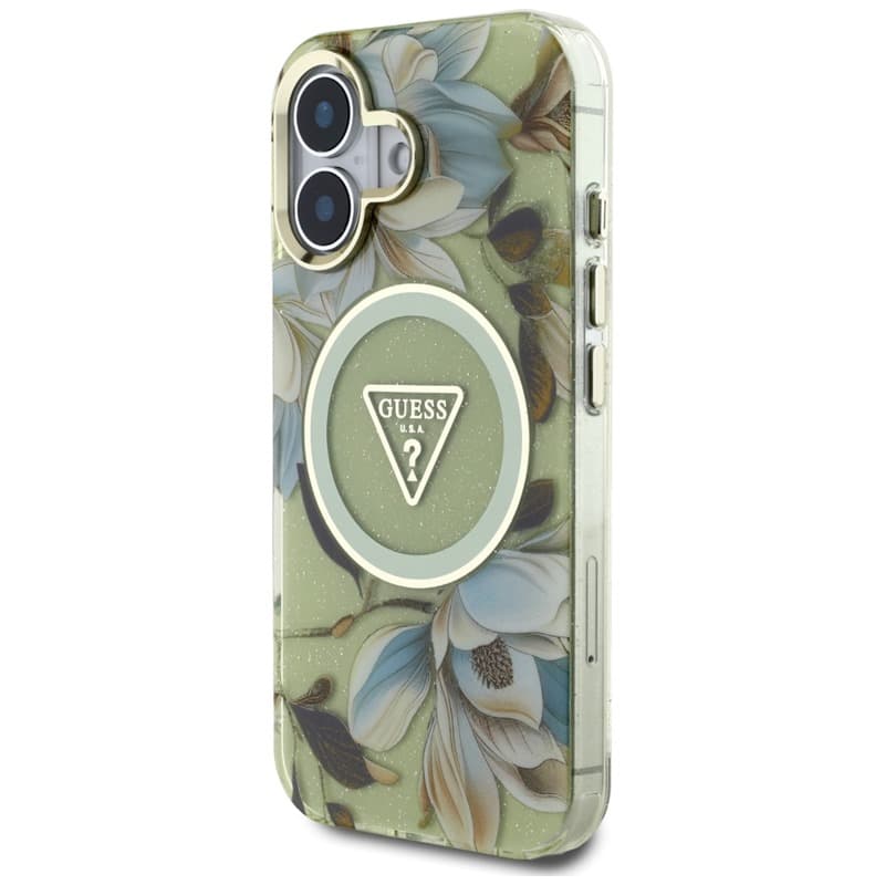 Guess Glitter Flowers Triangle Buttons MagSafe - Case for iPhone 16 (green) 2