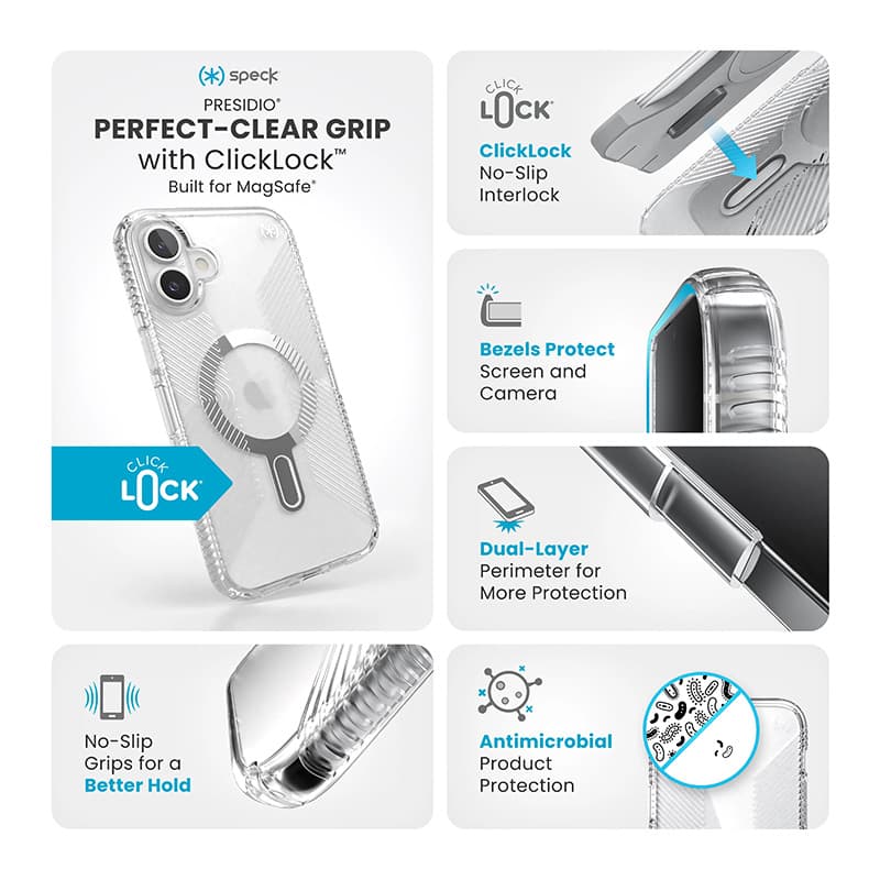 Speck Presidio Perfect-Clear Grip ClickLock & MagSafe - iPhone 16 Plus Case (Clear / Chrome Finish / Serene Silver) 3