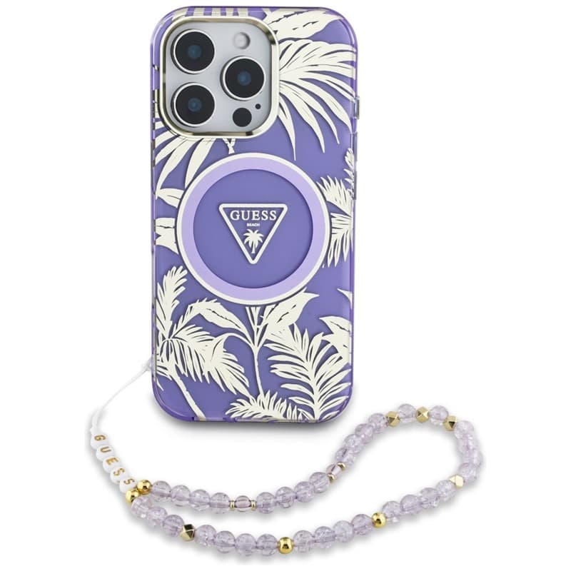 Guess Palm Trees Triangle Pearl Strap MagSafe - Case for iPhone 16 Pro (purple) 2