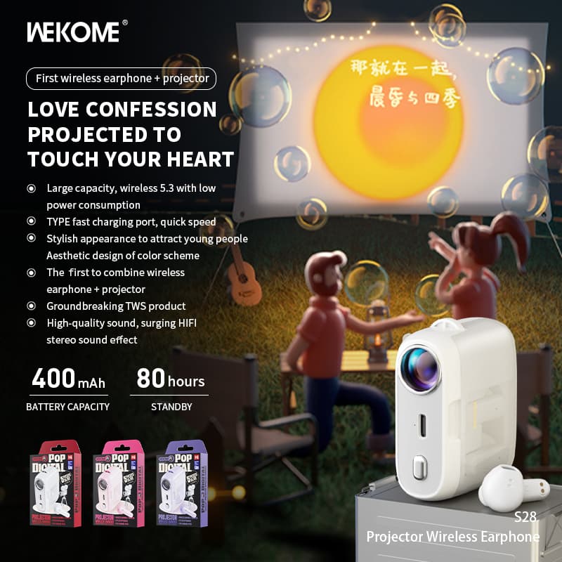 WEKOME S28 Pop Digital Series - Bluetooth V5.3 TWS wireless headphones with charging case with projector function (White) 3