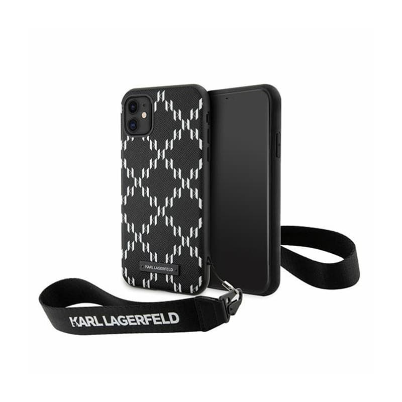 Karl Lagerfeld Monogram Losange Saffiano - Case with lanyard for iPhone 11 (Black) 1
