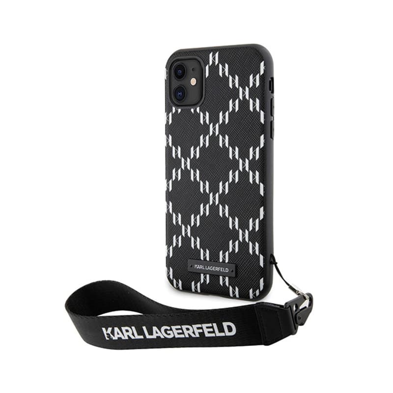Karl Lagerfeld Monogram Losange Saffiano - Case with lanyard for iPhone 11 (Black) 2