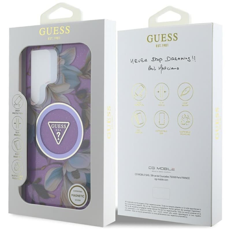 Guess Glitter Flowers Triangle Buttons MagSafe - Case for Samsung Galaxy S25 Ultra (purple) 8