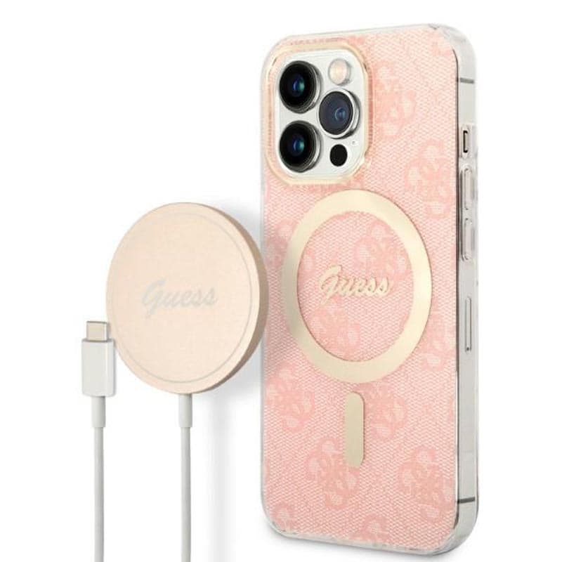 Guess Bundle Pack MagSafe 4G - Set of case for iPhone 13 Pro + MagSafe charger (Pink/Gold) 1