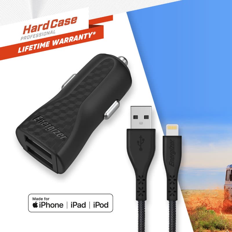 Energizer HardCase - Car charger 2x USB-A 17W 3.4A + MFi certified Lightning cable (Black) 5