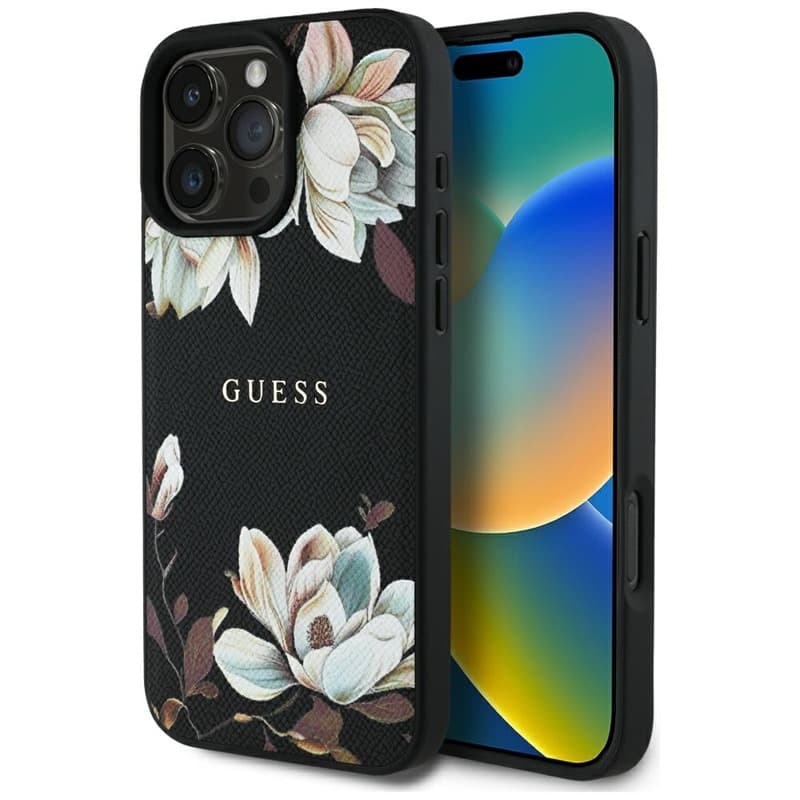 Guess Grained Printed Flower Pattern MagSafe - Case for iPhone 16 Pro (black)