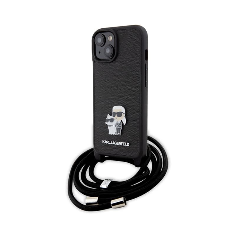 Karl Lagerfeld Crossbody Saffiano Metal Pin Karl & Choupette - Case for iPhone 15 Plus (Black) 1