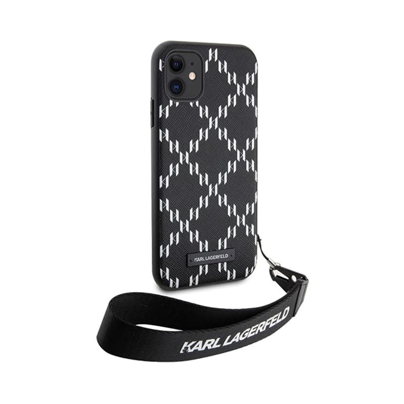 Karl Lagerfeld Monogram Losange Saffiano - Case with lanyard for iPhone 11 (Black) 4