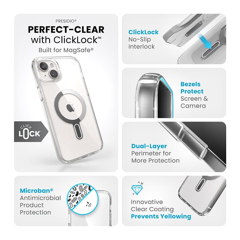 Speck Presidio Perfect-Clear ClickLock & Magsafe - iPhone 15 Plus / iPhone 14 Plus Case (Clear / Chrome Finish / Serene Silver) 4