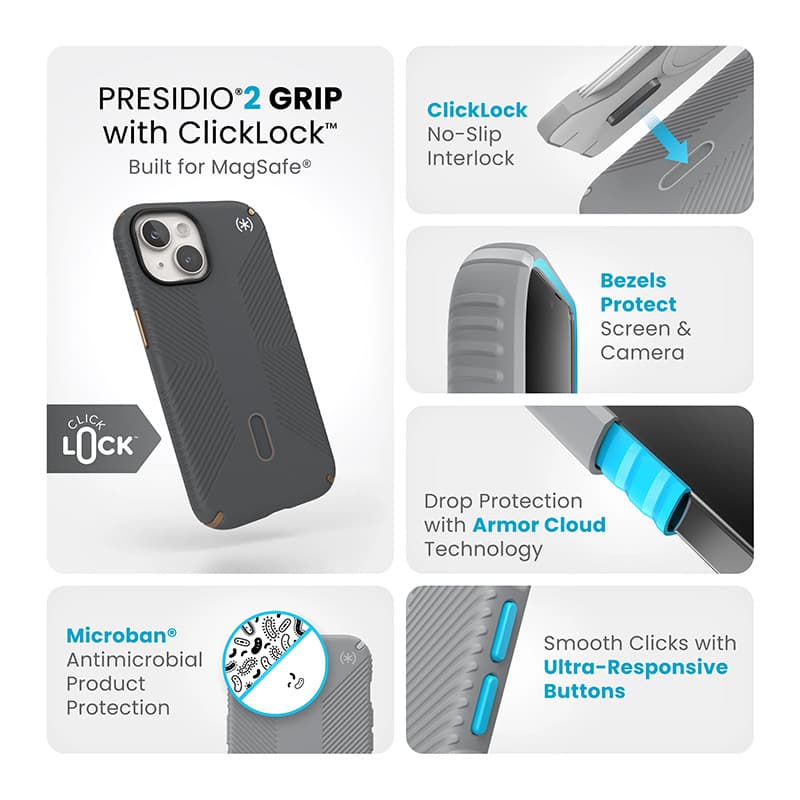 Speck Presidio2 Grip ClickLock & MagSafe - iPhone 17e / 16e / 15 / 14 / 13 Case (Charcoal Gray / Cool Bronze) 4