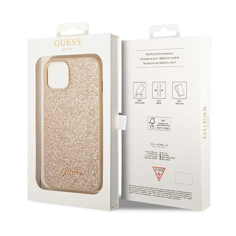 Guess Glitter Flakes Metal Logo Case - Case for iPhone 14 Plus (Gold) 8