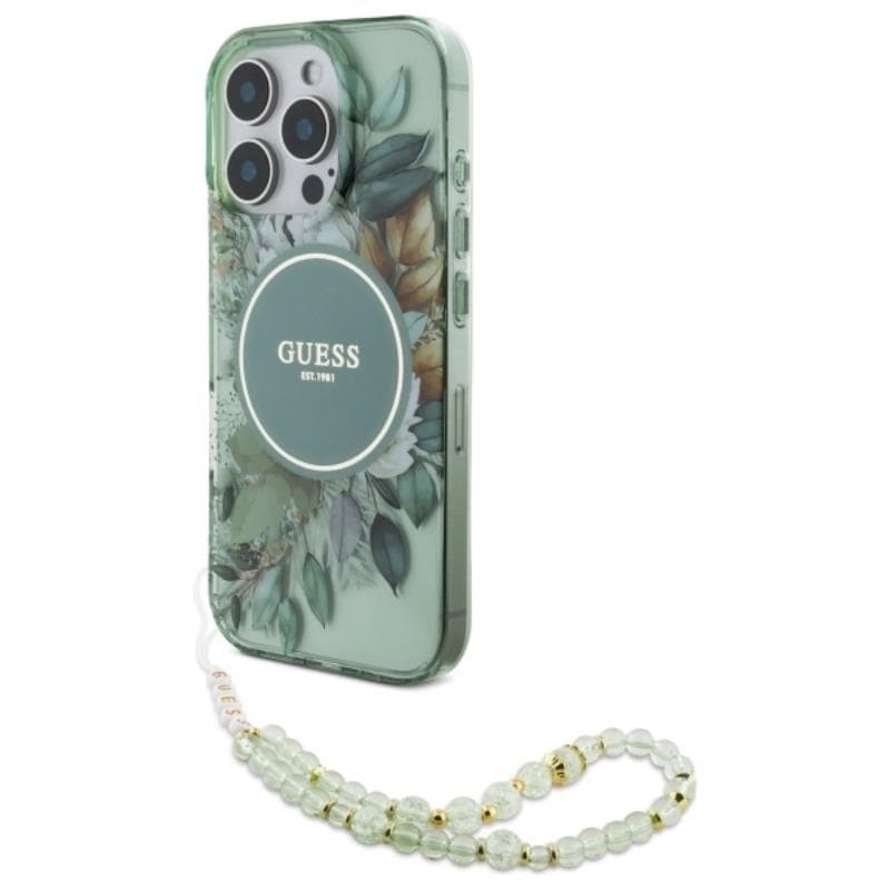 Guess IML Flowers With Pearl Strap MagSafe - Case for iPhone 16 Pro Max (Green)