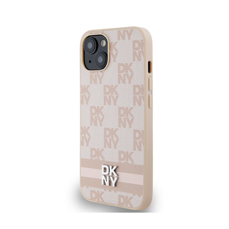 DKNY Leather Checkered Mono Pattern & Printed Stripes - Case for iPhone 15 / 14 / 13 (pink) 2