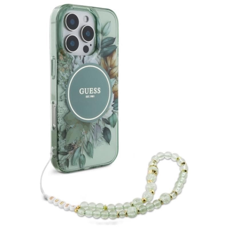 Guess IML Flowers With Pearl Strap MagSafe - Case for iPhone 16 Pro Max (Green) 3