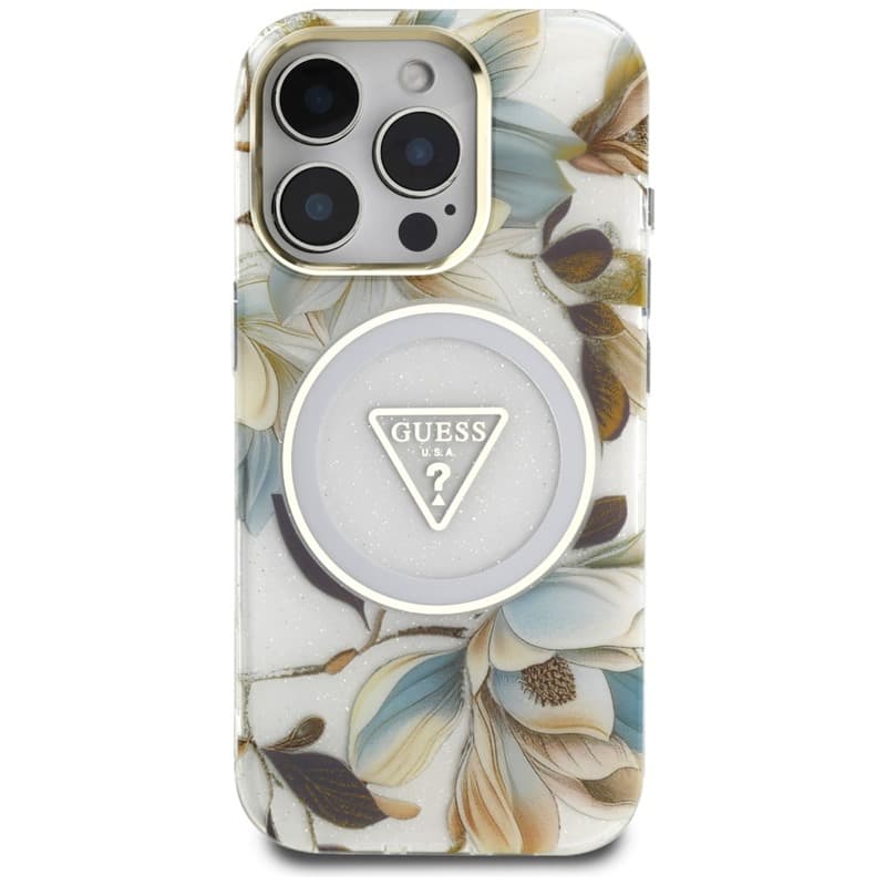 Guess Glitter Flowers Triangle Buttons MagSafe - Case for iPhone 16 Pro Max (white) 3