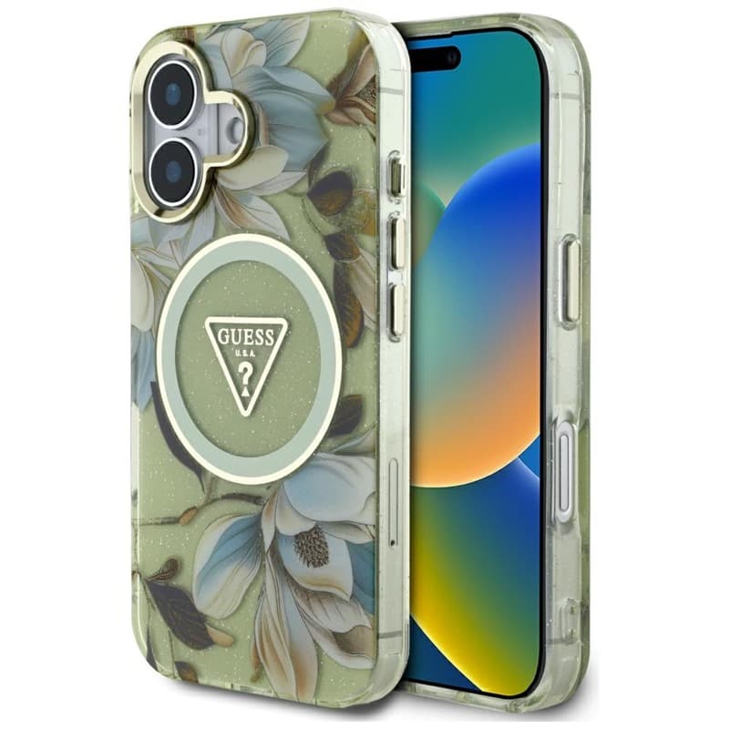 Guess Glitter Flowers Triangle Buttons MagSafe - Case for iPhone 16 (green)