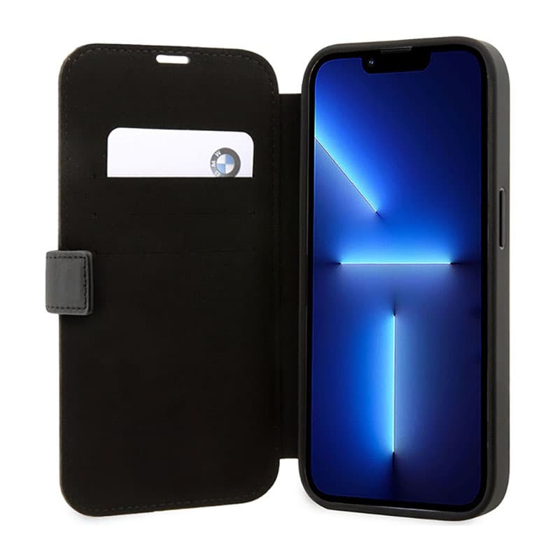 BMW Booktype Leather Textured & Stripe - Case for iPhone 14 Pro Max (Black) 6