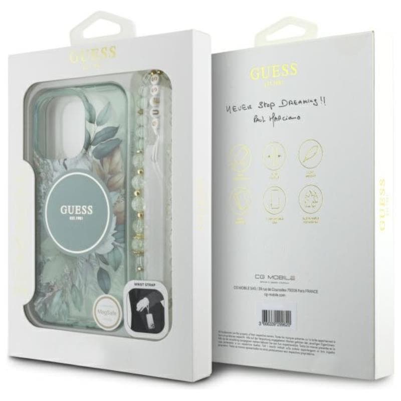 Guess IML Flowers With Pearl Strap MagSafe - Case for iPhone 16 Pro Max (Green) 7