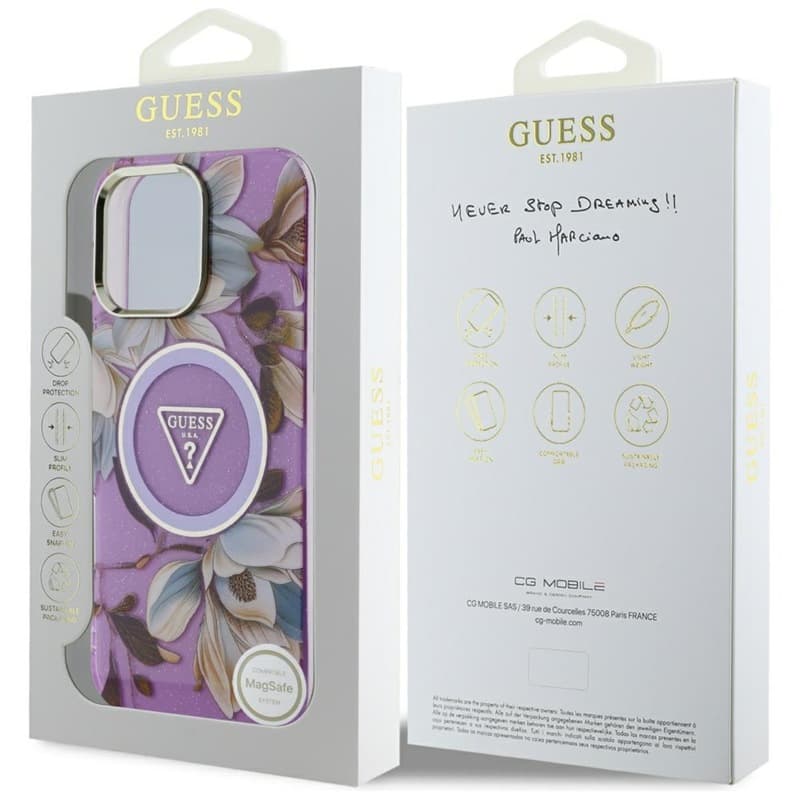 Guess Glitter Flowers Triangle Buttons MagSafe - Case for iPhone 16 Pro (purple) 8