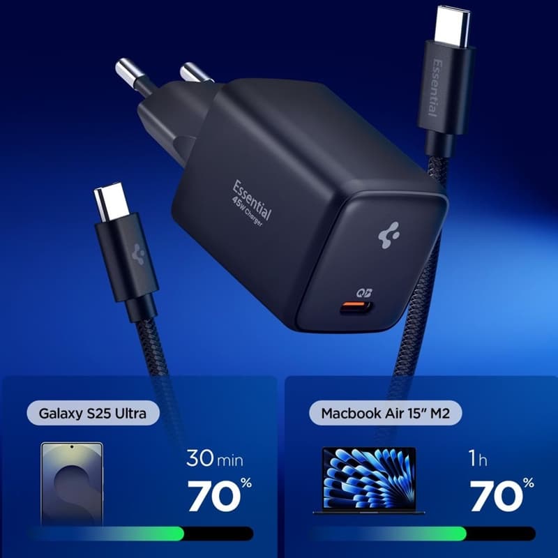 Spigen EE451EU Essential GaN Pro - USB-C PD PPS 45W Wall Charger + 1m USB-C Cable (Black) 2
