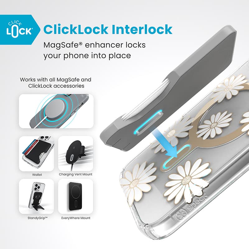 Speck Presidio Lux ClickLock & MagSafe - iPhone 16 Plus Case (Sunshine Daisies / Clear / Gold) 2