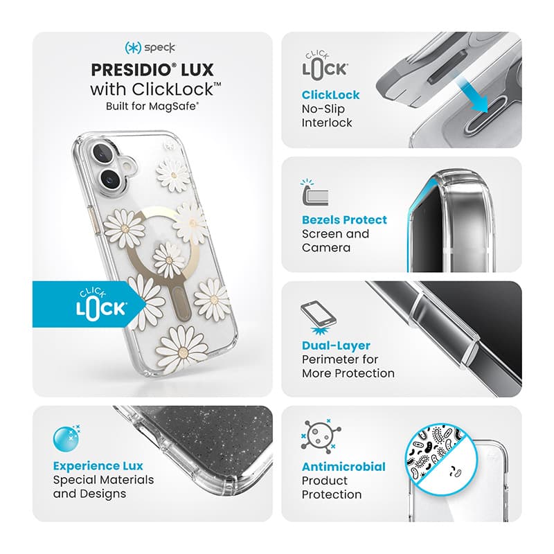 Speck Presidio Lux ClickLock & MagSafe - iPhone 16 Plus Case (Sunshine Daisies / Clear / Gold) 3