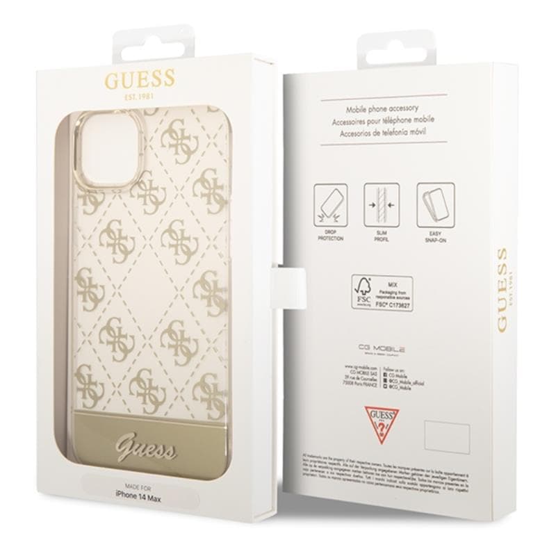 Guess 4G Stripe Script Logo Electroplated Pattern - Case for iPhone 14 Plus (Gold) 7