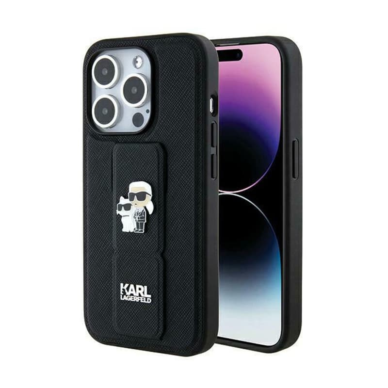 Karl Lagerfeld Gripstand Saffiano Karl & Choupette Pins - iPhone 14 Pro Case (Black) 1