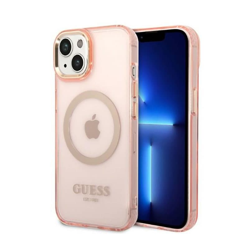 Guess Gold Outline Translucent MagSafe - Case for iPhone 14 Plus (Pink) 1