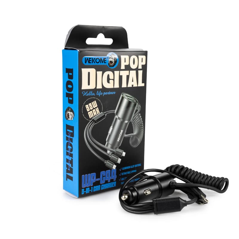 WEKOME WP-C44 Pop Digital Series - Car charger with integrated 3-in-1 USB-C / Lightning / Micro USB + 2x USB-A 33W cable (Black) 5