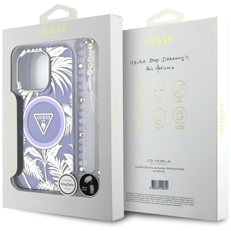Guess Palm Trees Triangle Pearl Strap MagSafe - Case for iPhone 16 Pro (purple) 7
