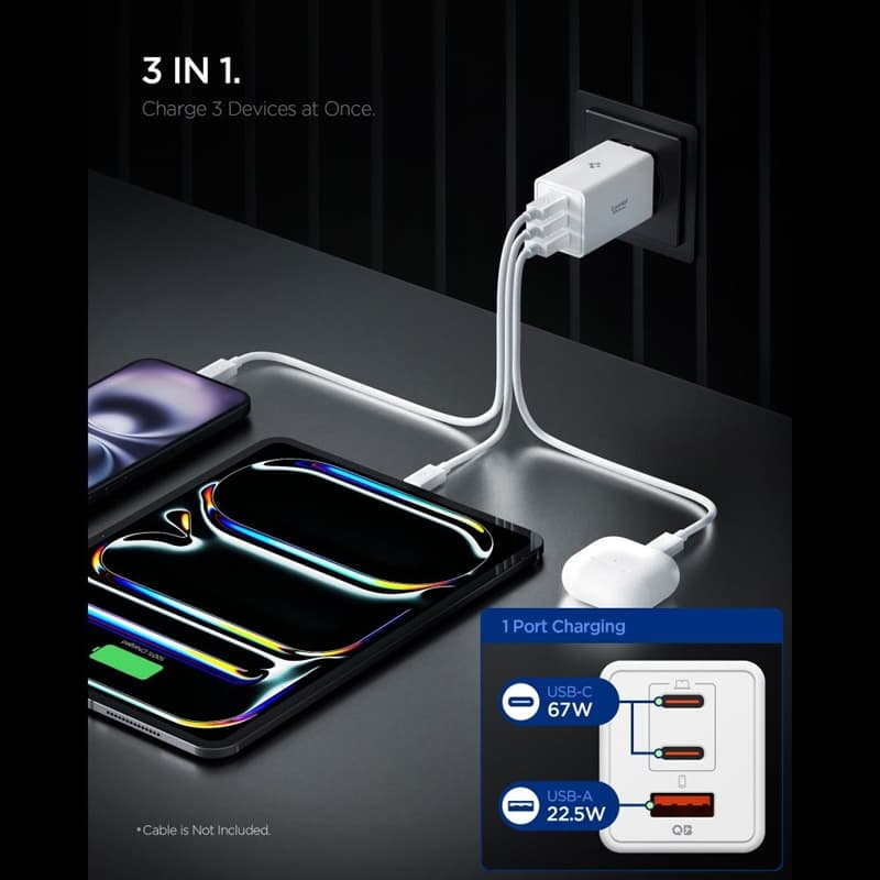 Spigen Essential EE673EU GaN Pro - Wall Charger 2x USB-C + USB-A 67W (White) 3
