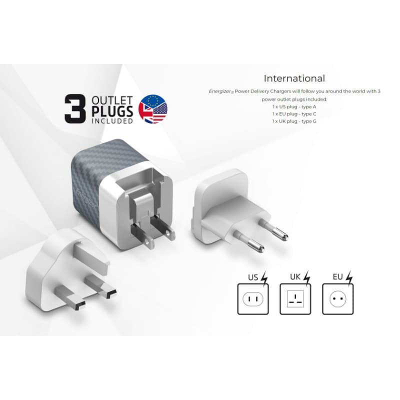 Energizer Ultimate - Multiplug EU / UK / US mains charger GaN 38W PD + QC3.0 (Silver) 3